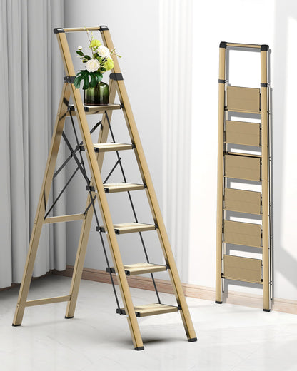 COROCO 6 Step Ladder for 12 Feet High Ceiling, Folding Step Stool with Handgrip and Anti-Slip Wide Pedal, Portable Aluminum Stepladder for Kitchen, Home (300 lbs Capacity) - Gold