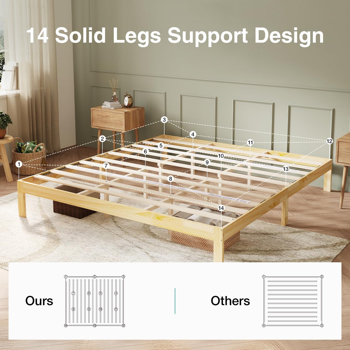 Novilla 12 Inch Wooden King Size Bed Frame, Classic Solid Wood Platform Bed Frame King Size, Sturdy Wood Slat Support, No Box Spring Needed, Easy Assembly, Pine