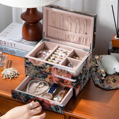 Homruilink High End Glass Jewelry Box, 3 Layer Jewelry Organizer, Velvet-Lined Case For Ring, Necklace, Earring, Bracelet Storage, Ideal Gift (Peony)