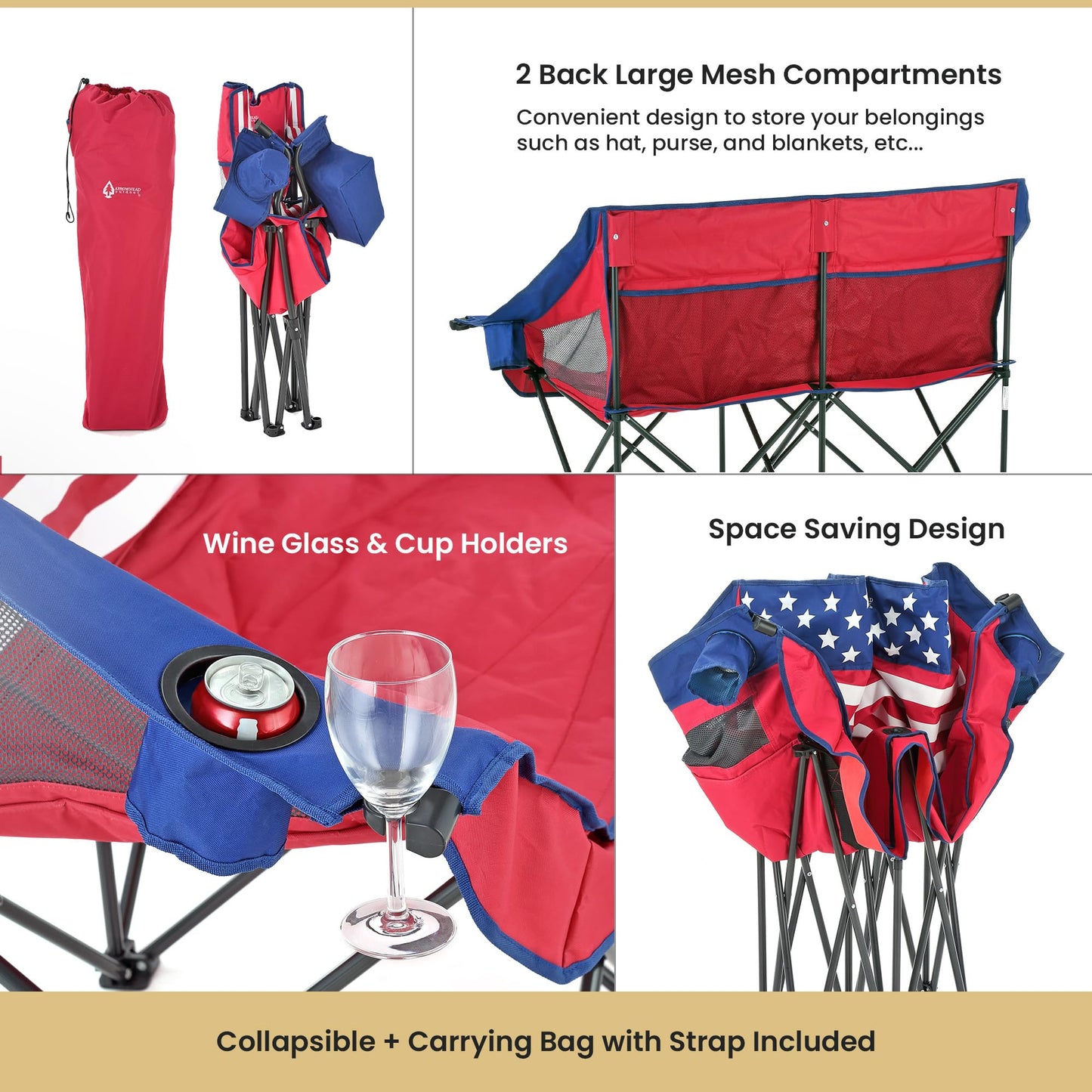 ARROWHEAD OUTDOOR 2-Pack Portable Folding Double Duo Camping Chair Loveseat w/ 2 Cup & Wine Glass Holder, Carrying Bag, Supports up to 650lbs