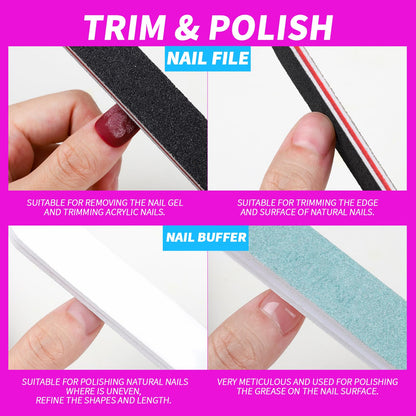 FANDAMEI Nail Polish Gel Remover Tools Kit with Nail Clips, 100ml Nail Polish Remover Bottle, 500 Nail Remover Cotton Pad, Nail Brush, Cuticle Pusher/Peeler, 100/180 Nail File,Buffer Block
