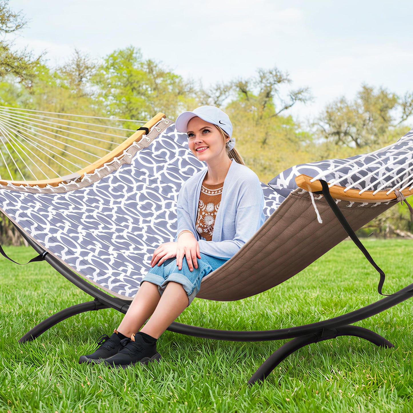 SUNCREAT Portable Outdoor Hammock with Stand, Double Hammock with Stand for Outside, Patent Pending, Gray
