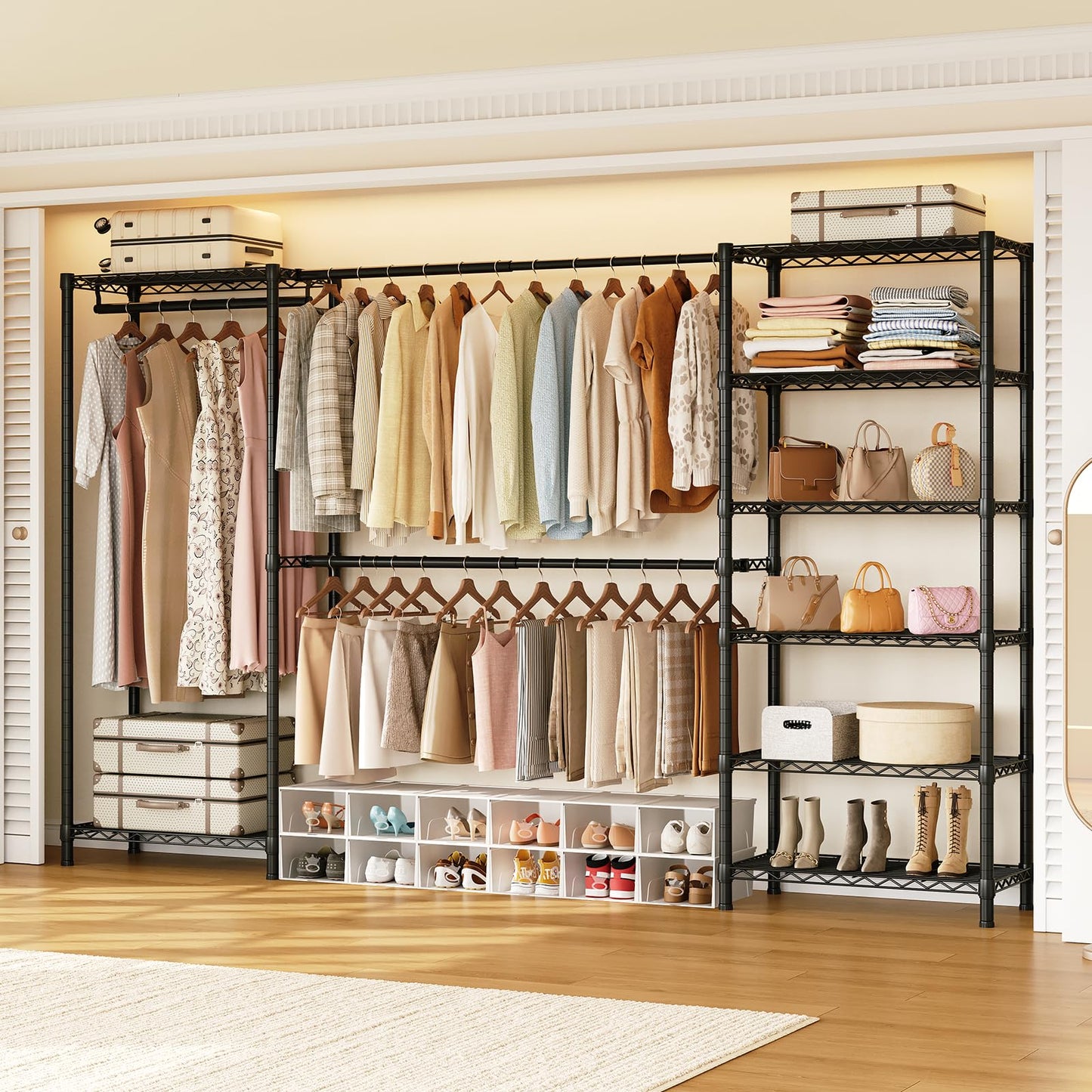 ONBRILL E3 Expandable Heavy Duty Garment Rack, Freestanding Closet Organizer System with 8 Wire Shelves & 3 Hanging Rods, Modular Metal Pipe Clothing Rack, Max Load 1000 LBS, Portable Closet, Black