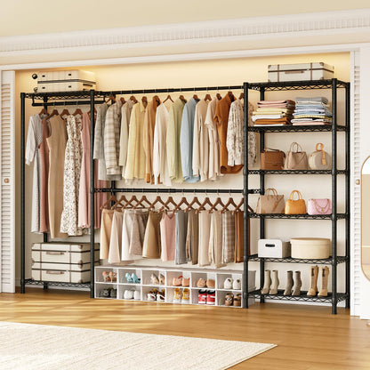 ONBRILL E3 Expandable Heavy Duty Garment Rack, Freestanding Closet Organizer System with 8 Wire Shelves & 3 Hanging Rods, Modular Metal Pipe Clothing Rack, Max Load 1000 LBS, Portable Closet, Black