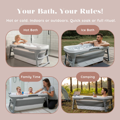 Portable Bathtub for Adult- Extra Large 56" Foldable Collapsible tub. Ergonomically Designed for the Ultimate Relaxing Soaking Bath, Ice Bath. Ideal for Small Spaces, Quick, Effortless Folding Bathtub
