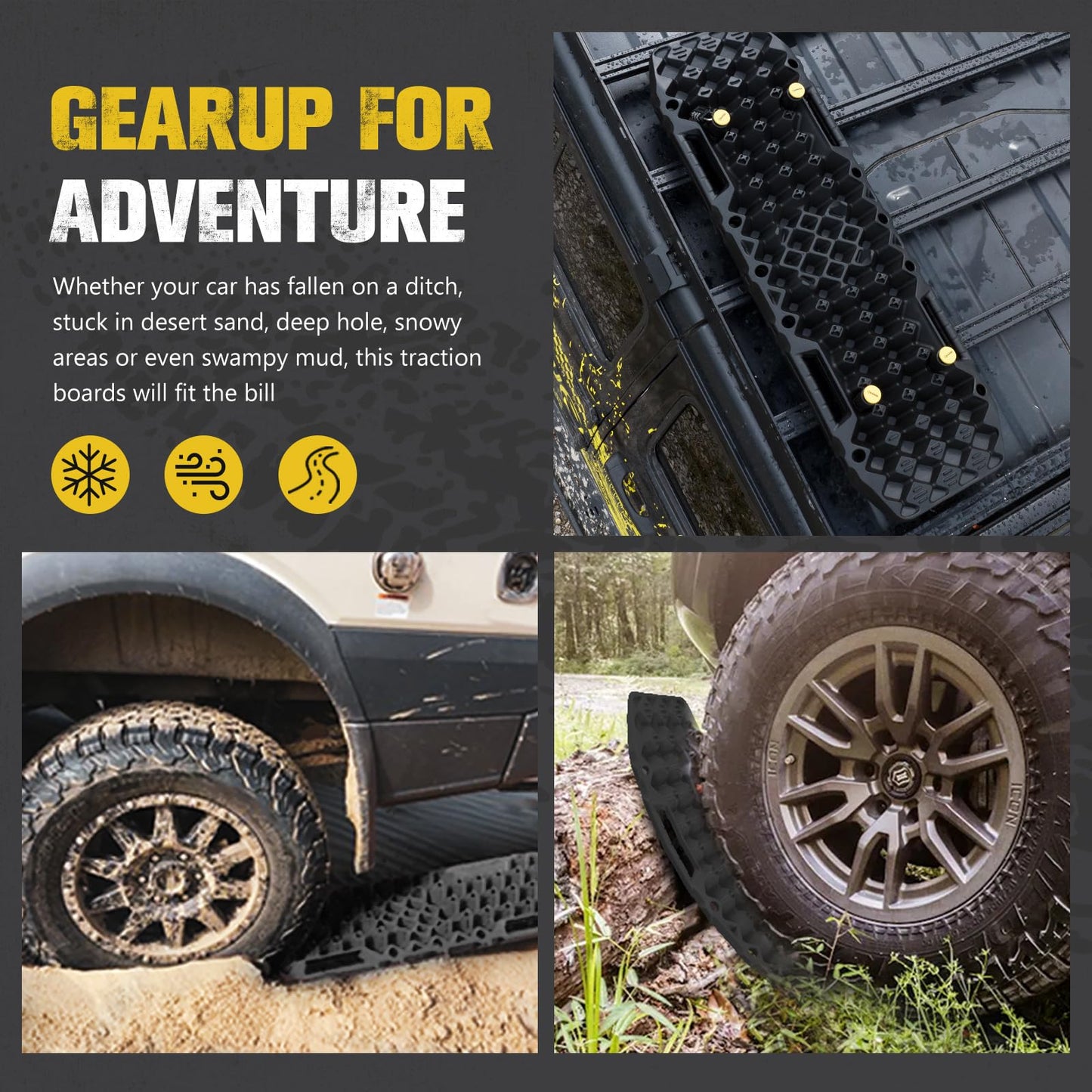 BUNKER INDUST Gen 7th Traction Boards with Mounting Kit, Pair Offroad Recovery Tracks with Jack Base for 4X4 Jeep Truck Tire Traction-Sand,Mud, Snow Ramps (Black)