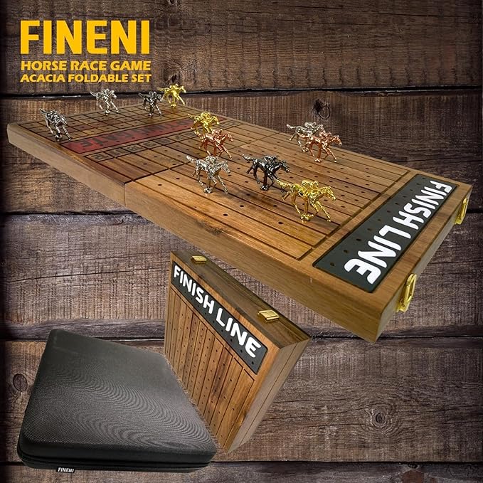 Horse Racing Game for Adults - Foldable Board Game With 11 Luxurious Metal Horses (Gold Silver Black RoseGold) - 22 Acacia Wood Race Game Board Dice &amp RoseGold Card