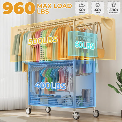 Heavy Duty Clothes Rack Load 960LBS, Three Rods Rolling Clothing Racks for Hanging Clothes, Rolling Garment Rack With Sturdy Wheels Shelves Hooks, Portable & Adjustable Commercial Garment Rack, Silver