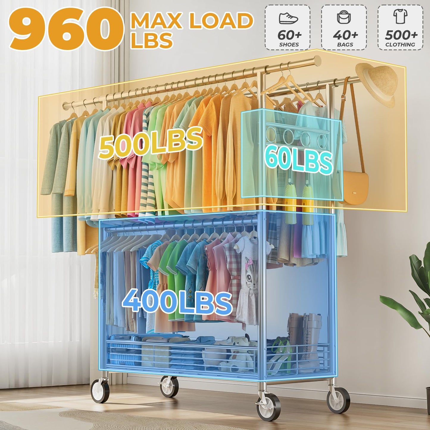 Heavy Duty Clothes Rack Load 960LBS, Three Rods Rolling Clothing Racks for Hanging Clothes, Rolling Garment Rack With Sturdy Wheels Shelves Hooks, Portable & Adjustable Commercial Garment Rack, Silver