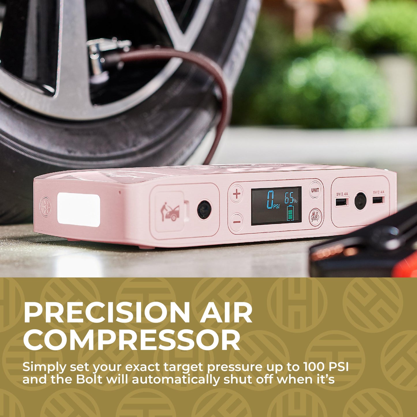 HALO Bolt Air+ 55500 Portable Car Battery Jump Starter | 100 PSI Air Compressor, 55.5Wh USB Power Bank, Emergency Floodlight & Charger, Jumps Cars SUVs & Trucks, Inflates Tires, TSA Approved — Rose