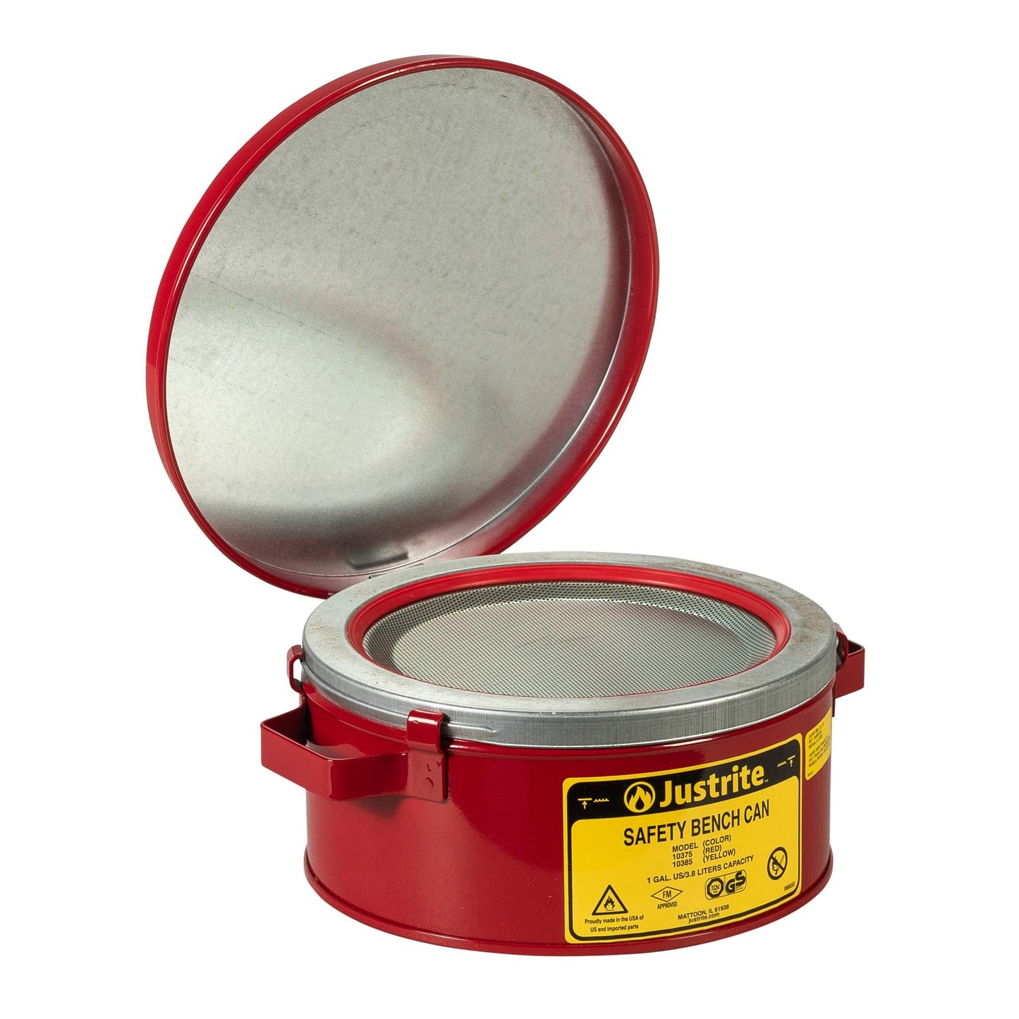 Justrite 10375 1 Gallon, 4 1/2" H, 9 3/8" O.D, 7 1/2" Diameter, Steel Red Safety Bench Can