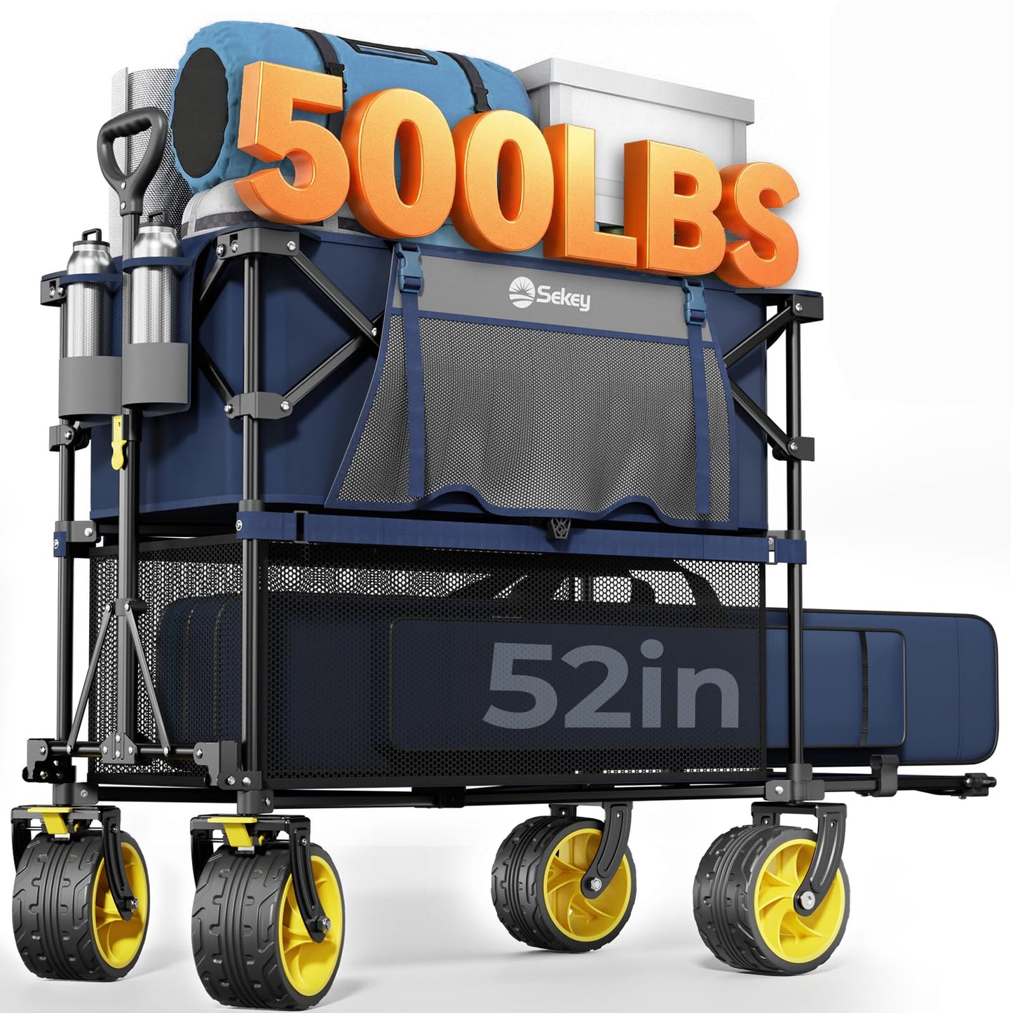 Sekey 500LBS Heavy Duty Double Decker Wagon with Extender, 400L Large Capacity Collapsible Garden Cart Fits 10x10 Canopy, All-Terrain Big Wheels with Brakes, Foldable Utility Wagon for Sports, Camping