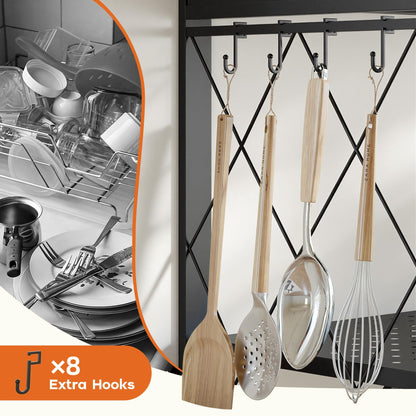 Fenbeli 5 Tier Folding Storage Shelf with Wheels & 8 S-Hooks, No Assembly Heavy Duty Metal Foldable Shelves, 300 LBS Capacity Rolling Collapsible Shelving Unit for Kitchen, Garage, Pantry, Living Room