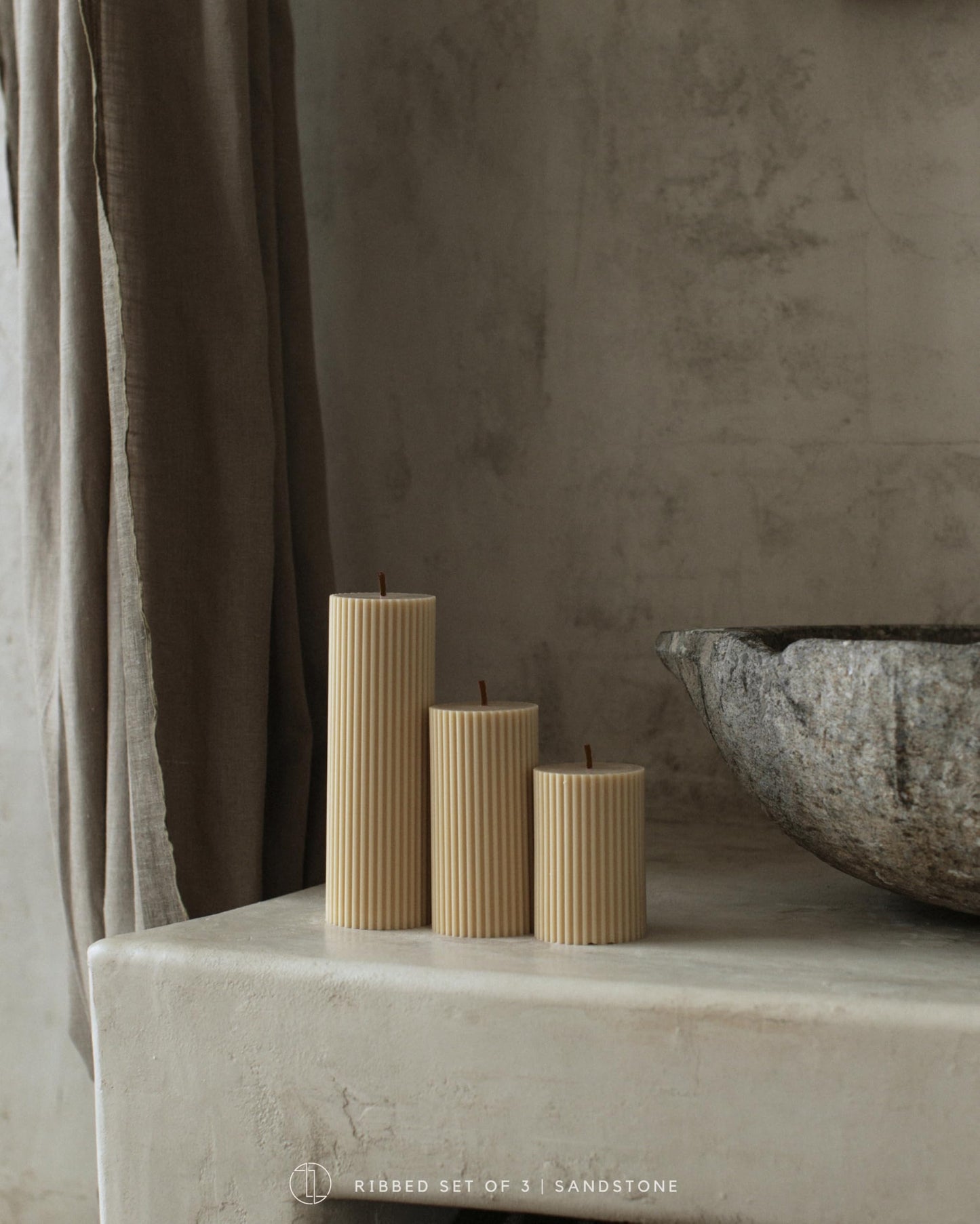 LAWA Roman Handmade Tall Ribbed Pillar Candle - Beautiful Scented Soy Wax Dinner Candle | Classic Aesthetic Decoration Set | Housewarming Gift | Home Room Shelf Decor Idea - Sandstone (Set of 3)