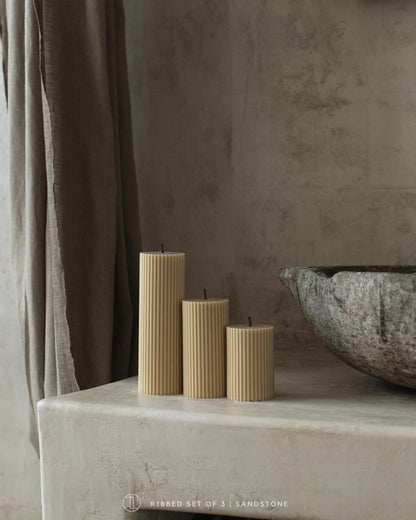 LAWA Roman Handmade Tall Ribbed Pillar Candle - Beautiful Scented Soy Wax Dinner Candle | Classic Aesthetic Decoration Set | Housewarming Gift | Home Room Shelf Decor Idea - Sandstone (Set of 3)