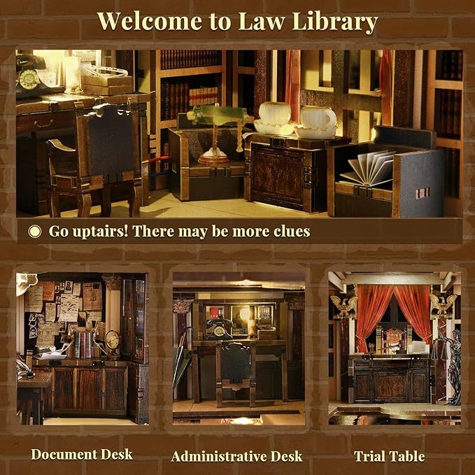 Book Nook Kit Library DIY Miniature House Kit 3D Wooden Puzzle Dollhouse Kit for Adults and Teens Bookshelf Booknook with LED Light (Law Library)