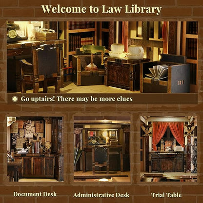 Book Nook Kit DIY Dollhouse Booknook Book Nook Miniature Kit for Bookshelf Insert Decor Crafts for Adults Teen Halloween 3D Wooden Puzzle with Led Light (Law Library)