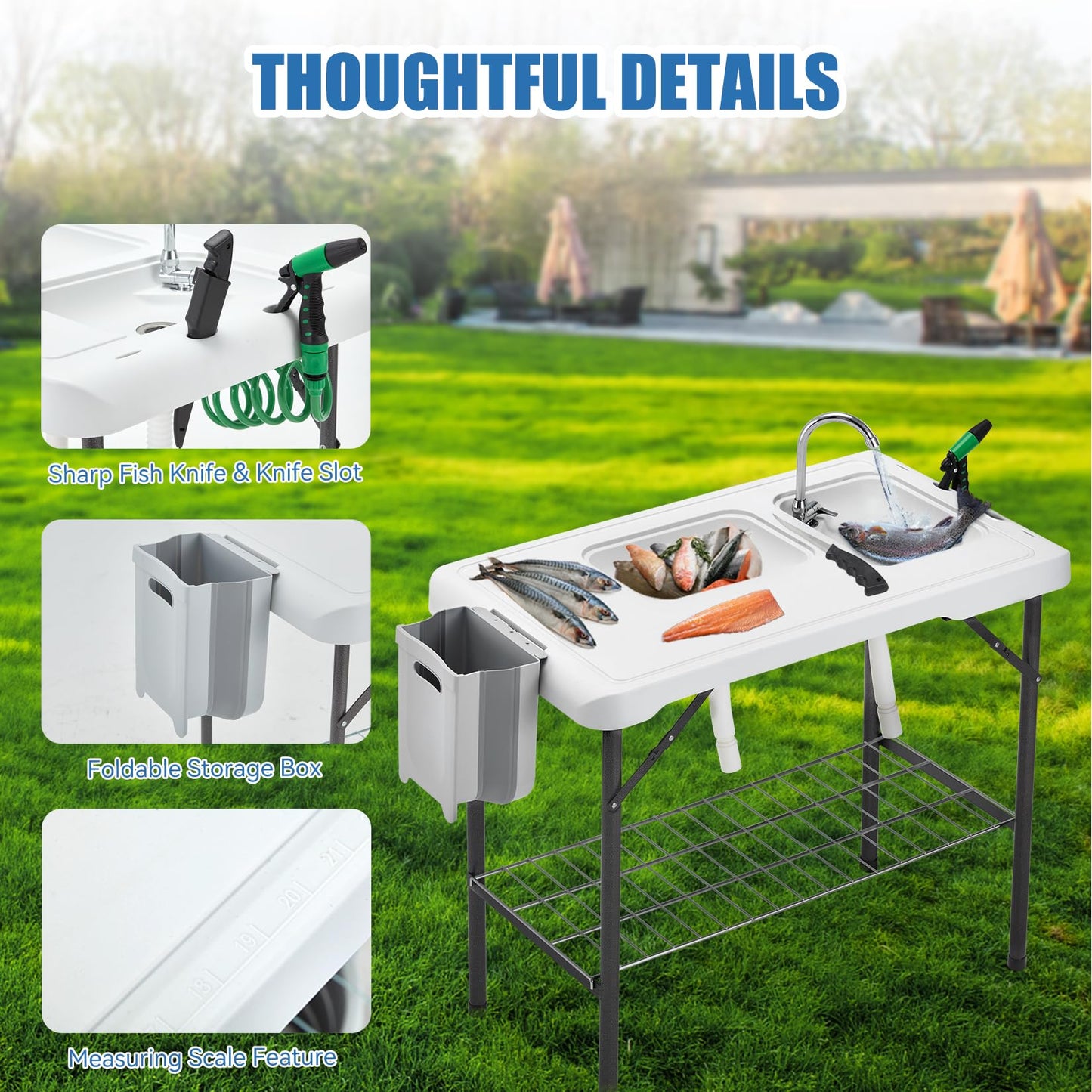 Avocahom Folding Fish Cleaning Table Portable Camping Double Sinks Table w/2 Dual Water Basins, Faucet Drainage Hose & Sprayer Outdoor Fish Fillet Cleaning Station w/Knife, Storage Box,Black
