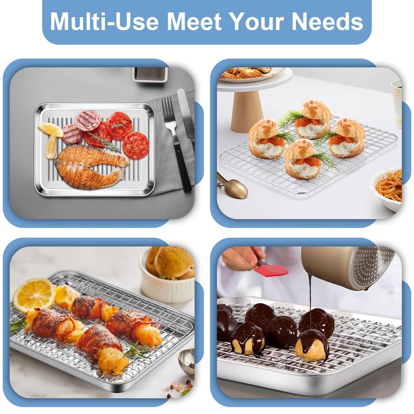 TeamFar Toaster Oven Pan with Cooling Rack, Stainless Steel Mini Baking Tray for Compact Toaster Oven, 9 Inch, Corrugated Bottom & Grid Mesh, Healthy & Heavy-Duty, 1 Pan + 1 Rack