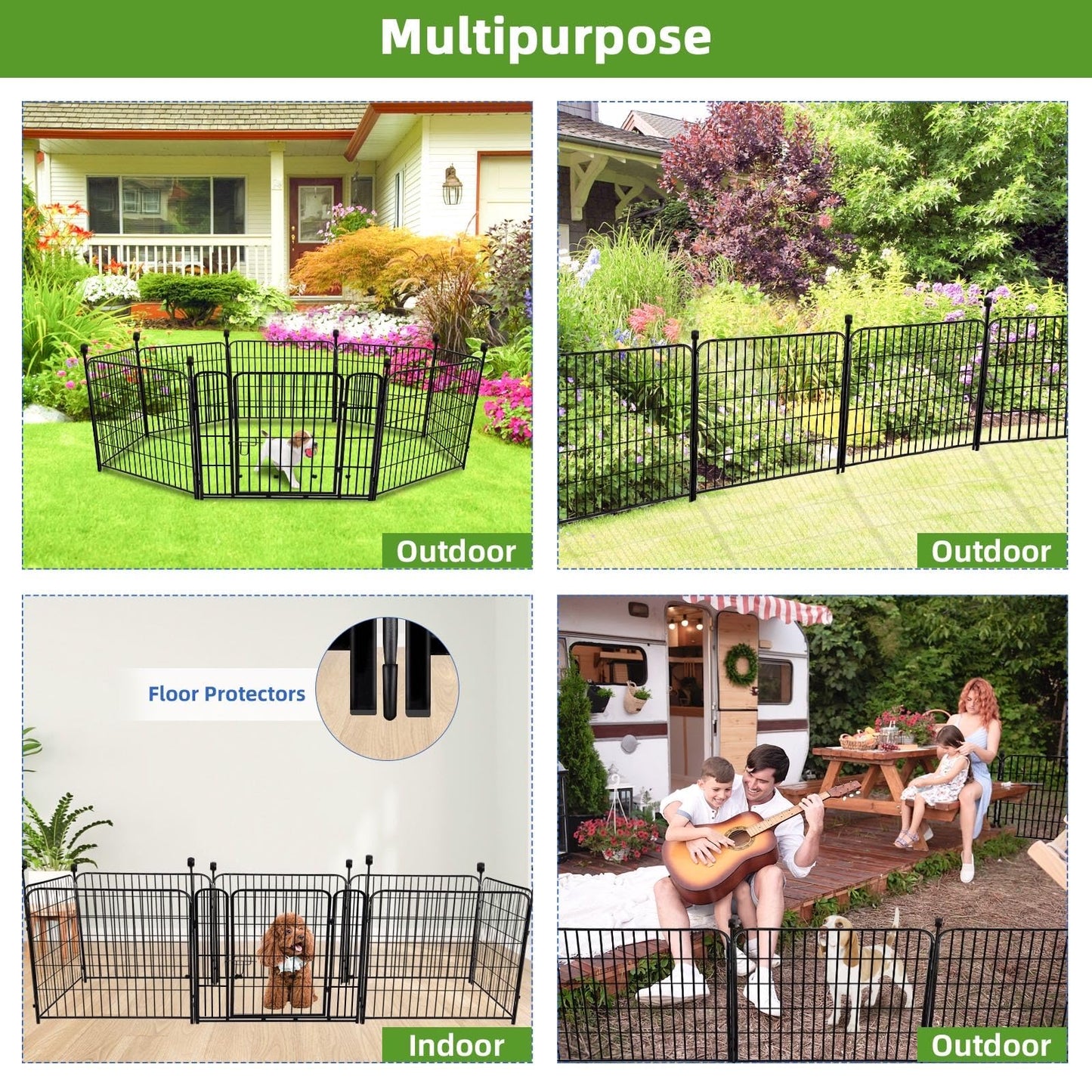 ADAVIN 32 in(H) Garden Fence with Low Threshold Gate, 8 Panels Total 17.7 Ft(L) Tall Garden Fencing for Raised Beds, Outdoor or Indoor Dog Playpen, Black Iron Metal Heavy Duty Dog Fencing