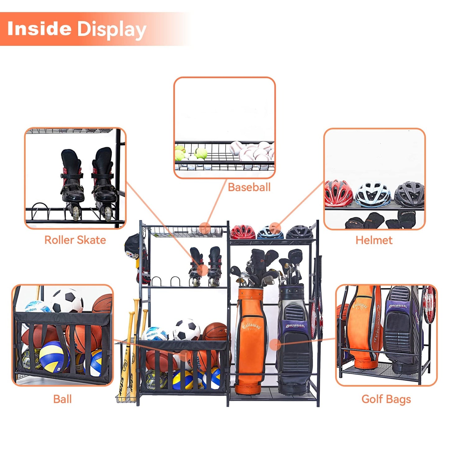 WALMANN Garage Sports Equipment Organizer, Golf Bag Stand for Garage Ball Storage Rack Indoor/Outdoor Kids Toys Storage Organizer Bins, Ball Holder with Baskets