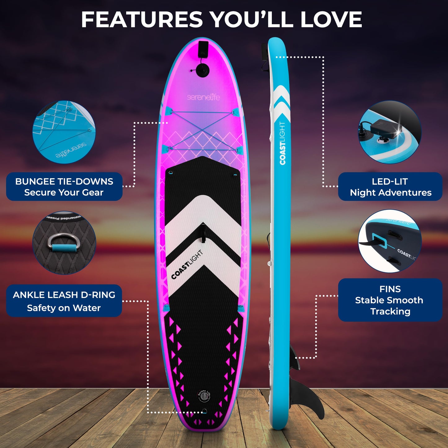 SereneLife 10’6” Inflatable Stand-Up Paddle Board with LED Lights - 32” Wide Stable Design with Non-Slip EVA Deck Pad, Includes Premium SUP Accessories, for Youth and Adults, 275 lbs. Capacity