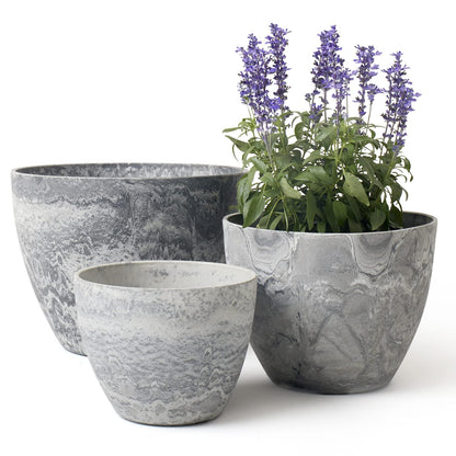 LA JOLIE MUSE 14.2/11.3/8.6 Inch Round Planter,Indoor/Outdoor Large Planters Set of 3,Grey Plant Container with Drain Holes,Tree Flower Plant Pots for Patio and Deck