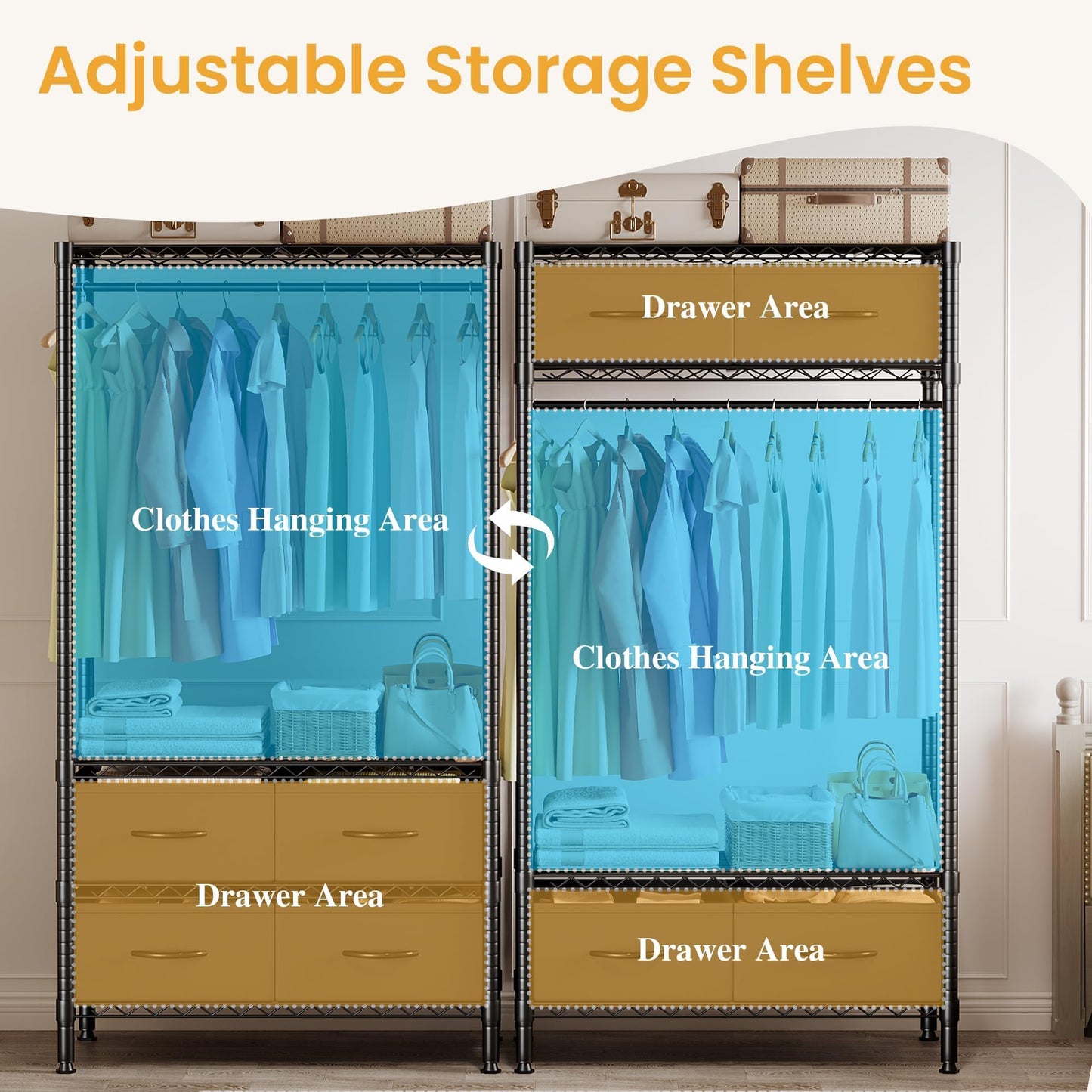 GarveeHome Portable Clothes Rack, Freestanding Garment Rack with 4 Fabric Drawers and Detachable Hang Rod, Metal Adjustable Closet Wire Clothing Racks, 35.4" Lx15.7 Wx71 H. Gray