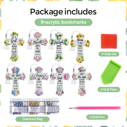8 Pieces Christian Bible Verse Diamond Art Bookmarks 5d Christian Beaded Bookmark Acrylic Tassel Bookmark for DIY Making Beginners Kids Adults Arts Craft Supplies (Floral)
