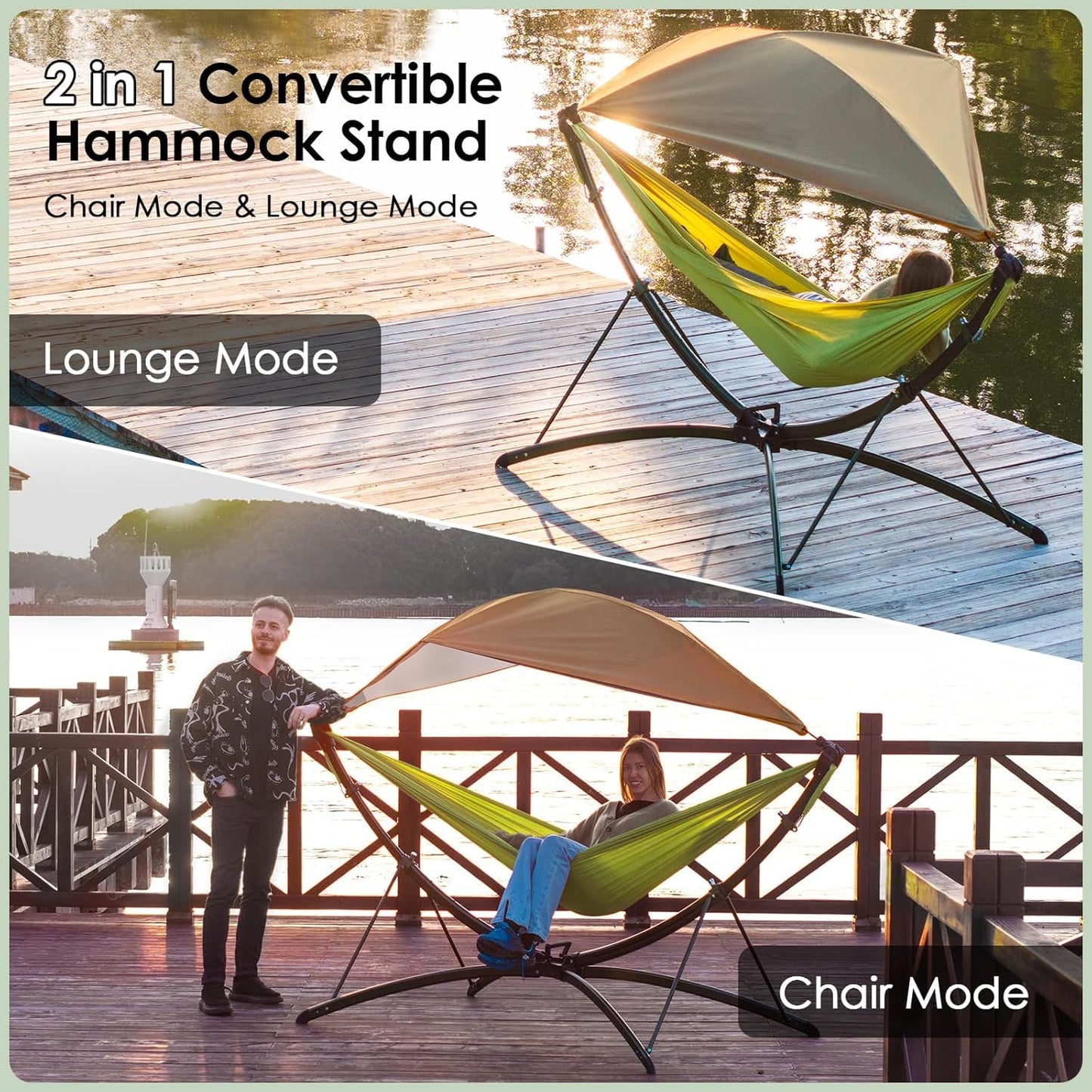 Portable Outdoor Hammock with Quick-Fold Stand,Adjustable Sunshade,Waterproof & UV-Resistant,Heavy-Duty 550lb Capacity,Travel 2-Person Hammock with Storage Bag for Camping,Backyard,Beach,Patio,Indoor