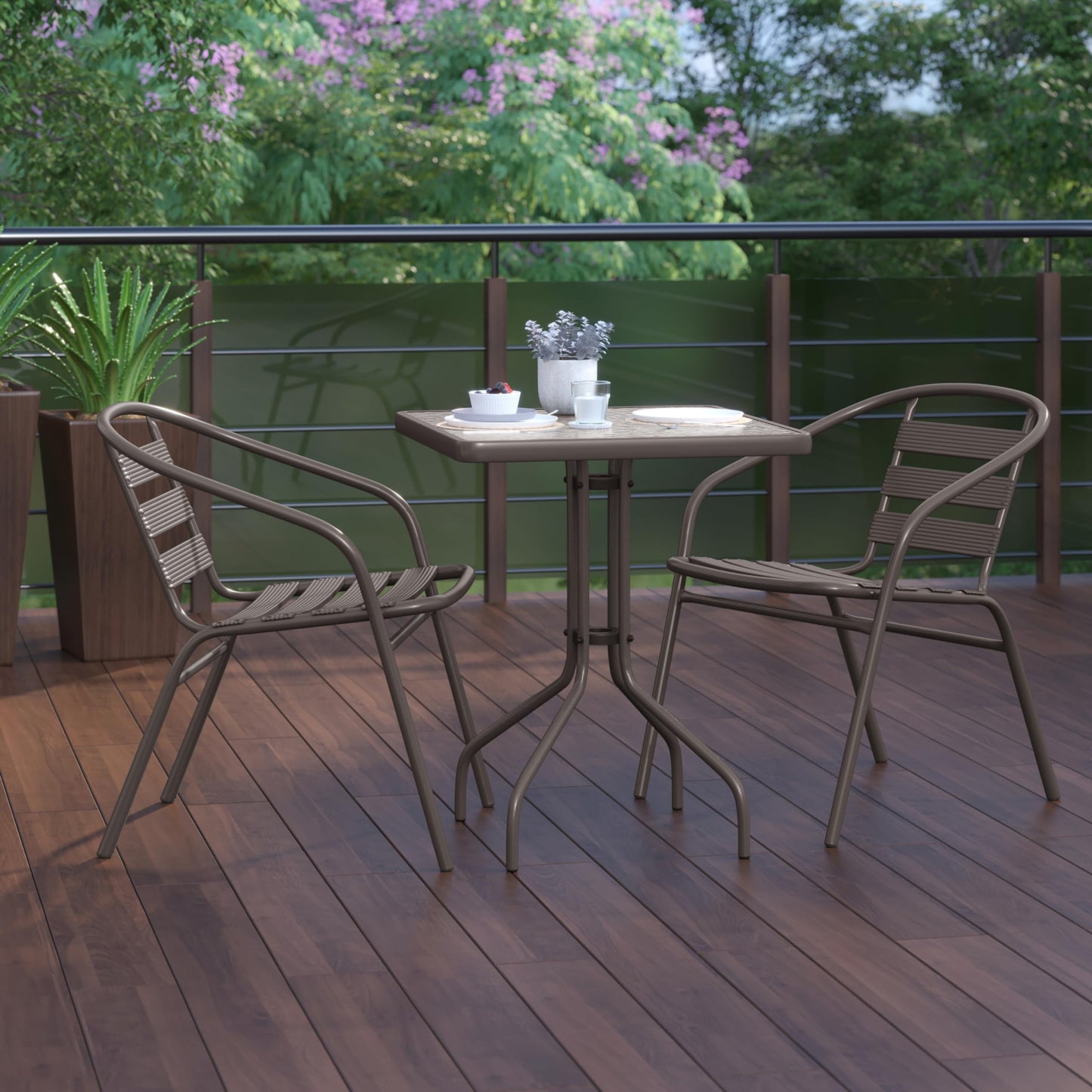 Flash Furniture TLH-0731SQ-017CBZ2-GG Lila 23.5'' Square Glass Table with 2 Metal Aluminum Slat Stack Chairs, Bronze