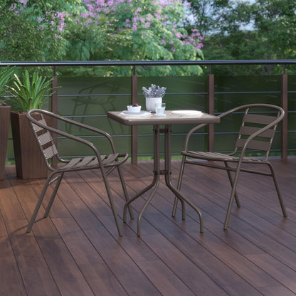 Flash Furniture TLH-0731SQ-017CBZ2-GG Lila 23.5'' Square Glass Table with 2 Metal Aluminum Slat Stack Chairs, Bronze