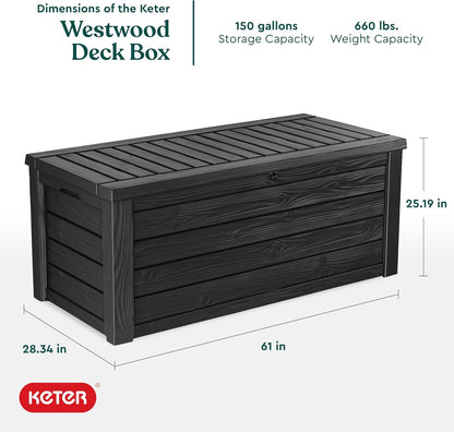 Keter Westwood 150 Gallon Outdoor Storage Box - Durable Resin for Patio Furniture & Garden Tools | Dark Grey