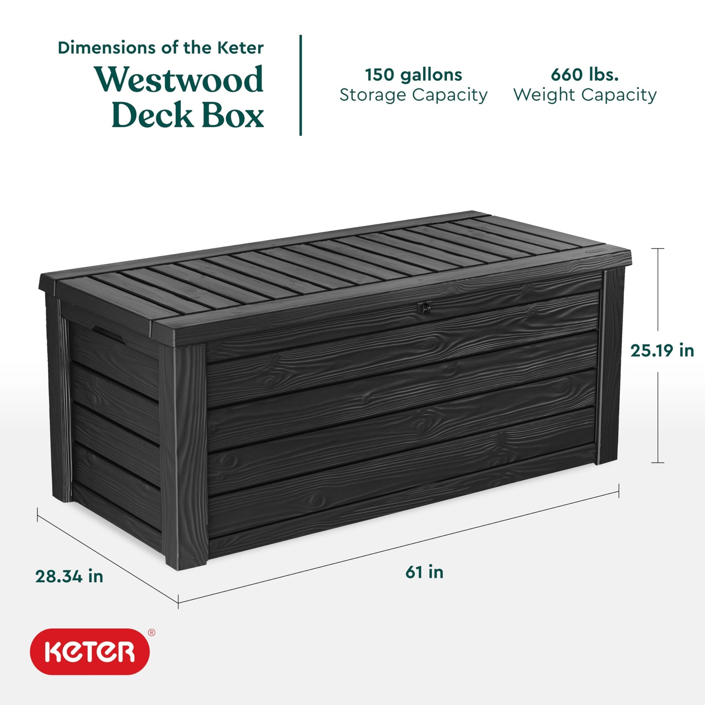 Keter Westwood 150 Gallon Resin Large Outdoor Storage Box for Patio Furniture, Outdoor Cushions, Garden Tools and Pool Floats, Dark Grey