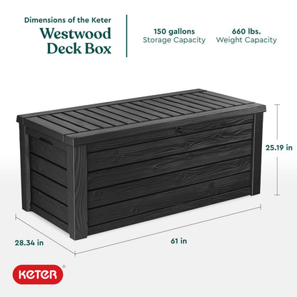 Keter Westwood 150 Gallon Resin Large Outdoor Storage Box for Patio Furniture, Outdoor Cushions, Garden Tools and Pool Floats, Dark Grey