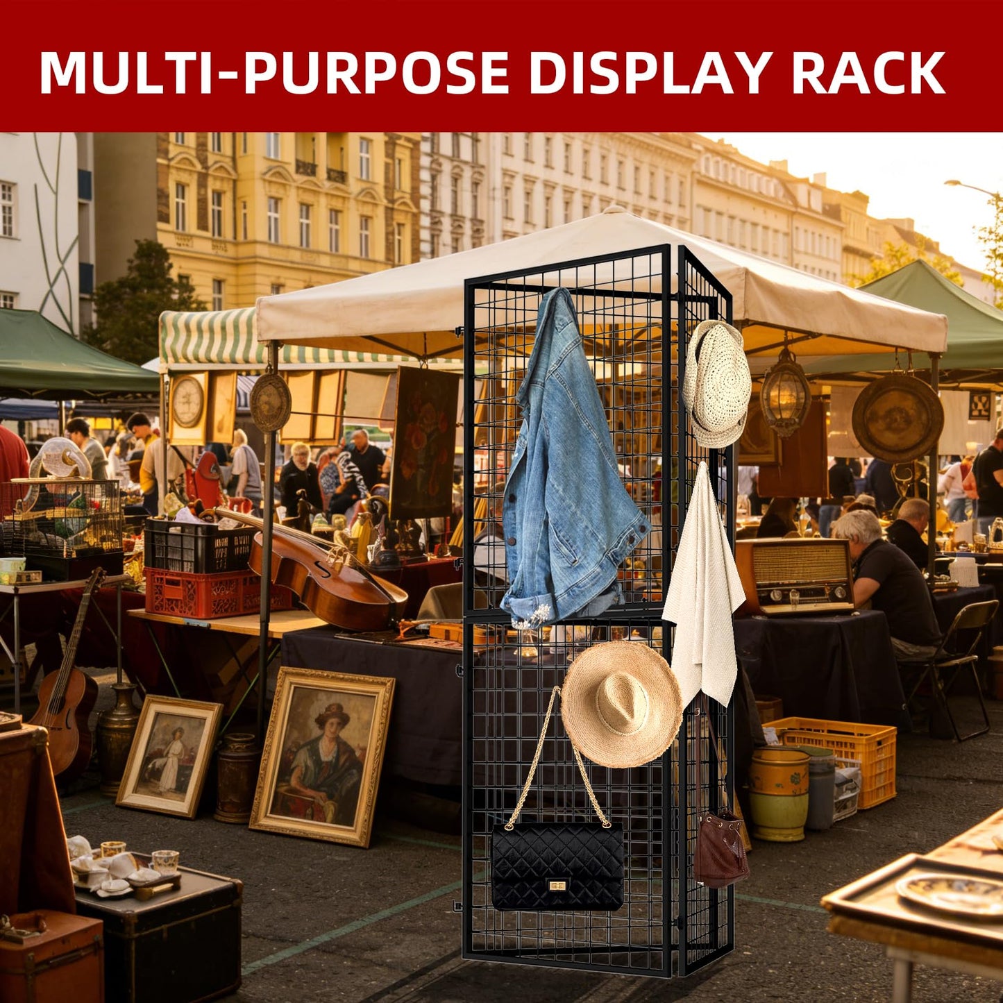 ATOLS 3-Pack Foldable Grid Wall Panels with 20 Hooks - 60" H x 76" W Heavy Duty Wire Grid Display Rack, Portable Z-Unit for Commercial Retail Store, Vendor Booth & Trade Shows