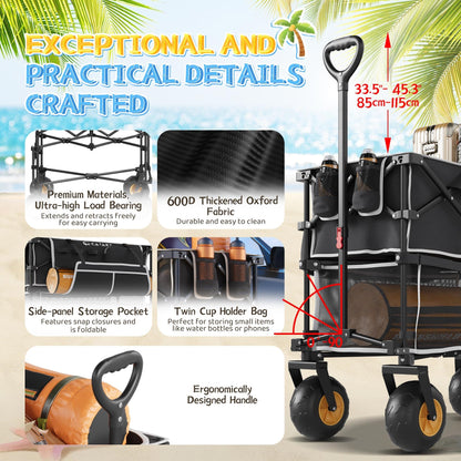 𝐔𝐩𝐠𝐫𝐚𝐝𝐞 Beach Wagon with Big Wheels for Sand, Double-Decker, 9" PVC All-Terrain Wheel, 500 lb Load Capacity, Oversized 400L, for Beach, Camping, Garden & Outdoor Sports (Black)