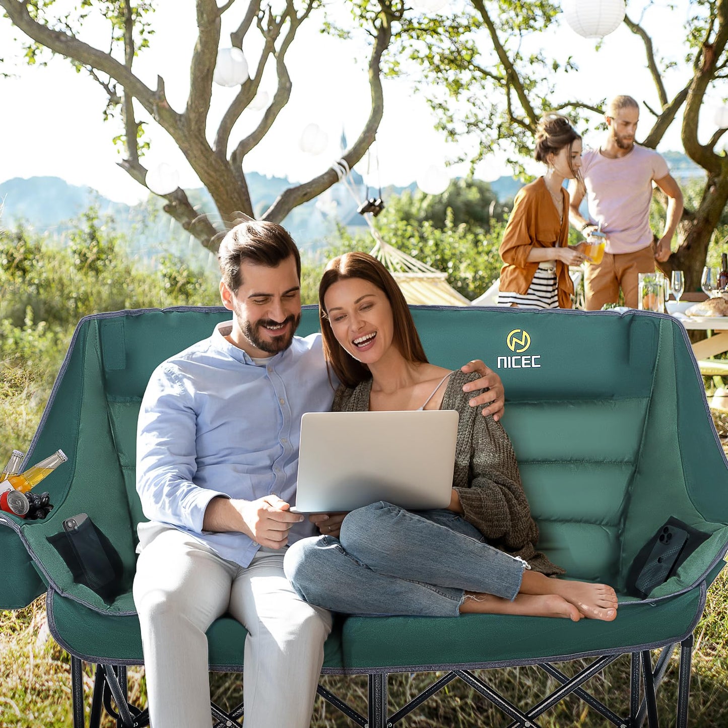Nice C Double Padded Camping Chair, Oversized Loveseat Camping Chair, Outdoor Camping Couch for Adults, Folding Bench, Lawn Chairs, Extra Padded, with Cup Holder, Cooler Bag, Bottle Opener (Green)