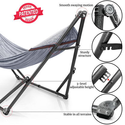 Tranquillo Universal Double Hammock with Stand Included for 2 Persons/Foldable Hammock Stand 600 lbs Capacity Portable Case - Inhouse, Outdoor, Camping, Grey