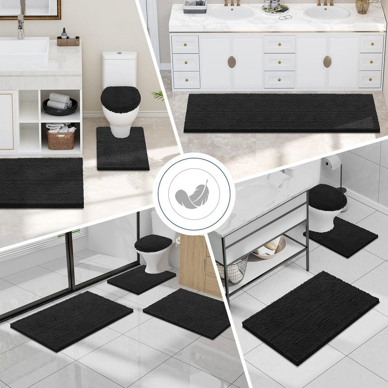 Smiry Luxury Chenille Bathroom Rugs 30x20, Extra Soft and Absorbent Shaggy Bath Mat, Machine Washable, Non-Slip Plush Carpet Runner for Tub, Shower, and Floor, Home Decor Accessories, Black