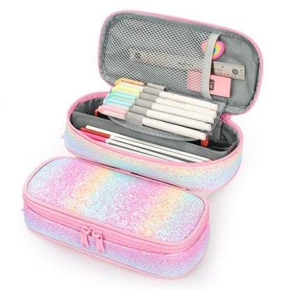 mibasies Girls Pencil Case for Kids, Multi-Slot Pencil Pouch, Pink Blue Rainbow