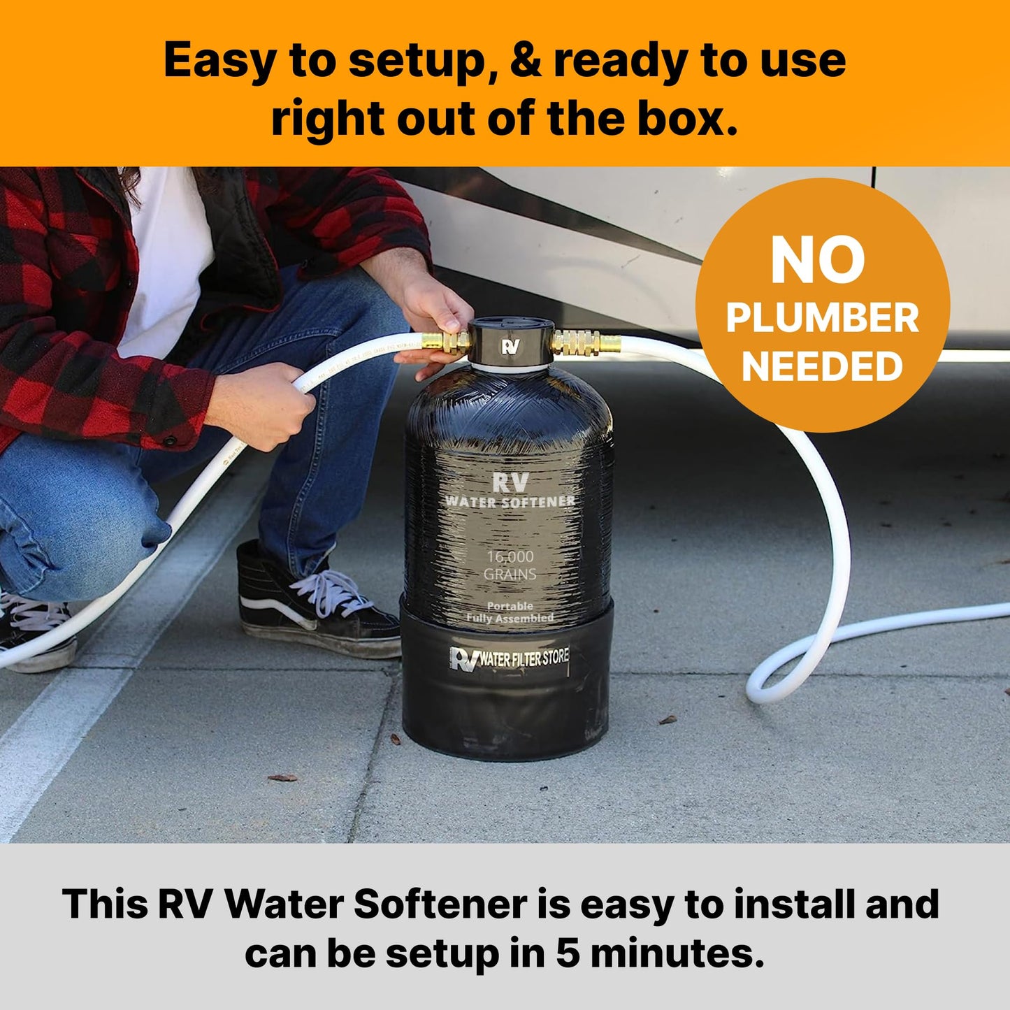 Essential RV Water Softener Portable 16,000 Grain w/o Custom Hose, Long Lasting for RVers Vanlife, 3/4" Fittings, Softens Hard Water When Traveling or Mobile Spot Reducing Car Washing