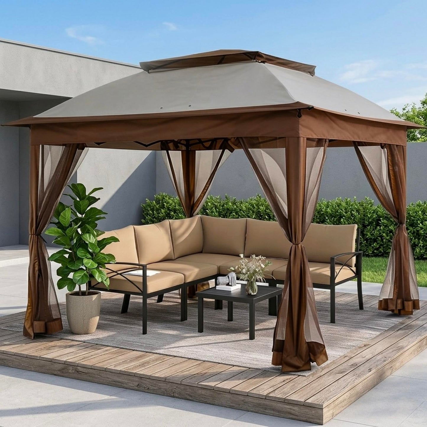Solaroxy 10' x 10' Pop Up Gazebo Tent, Outdoor Screen Canopy Shelter, Instant Patio Sun Shade Gazebo Tent with 2 Tiers Roof & Mesh Netting for Garden, Lawn, Backyard, Party, Beige & Coffee