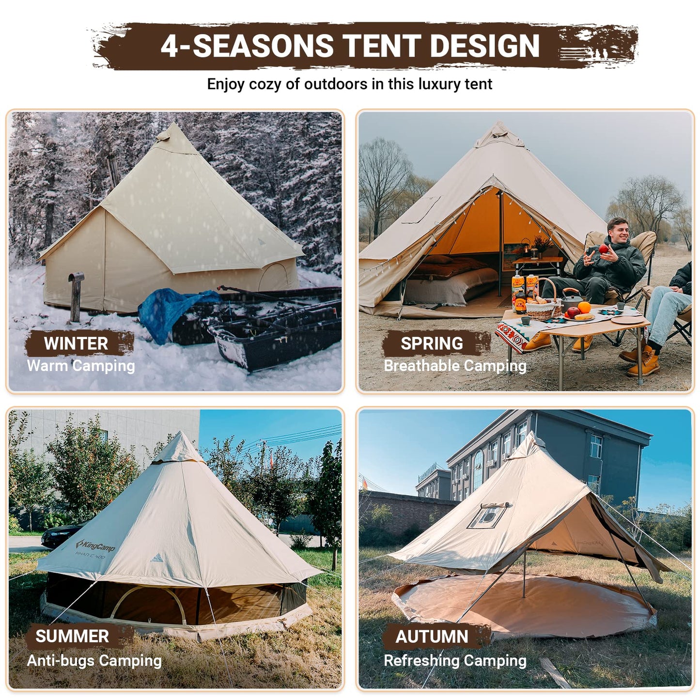 KingCamp Glamping Tent for 4 Seasons, 13.2ft/16.4ft Large Waterproof & Windproof Luxury Bell Yurt Tent w/Stove Jack, Spacious for Family Camping Hunting Parties