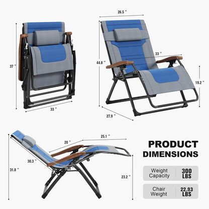 PURPLE LEAF Extra Wide Outdoor Reclining Chair Patio Zero Gravity Chaise Lounge Folding Chair with Quilted Cushion Adjustable Headrest for Lawn Camping Beach Pool Grey and Navy Blue