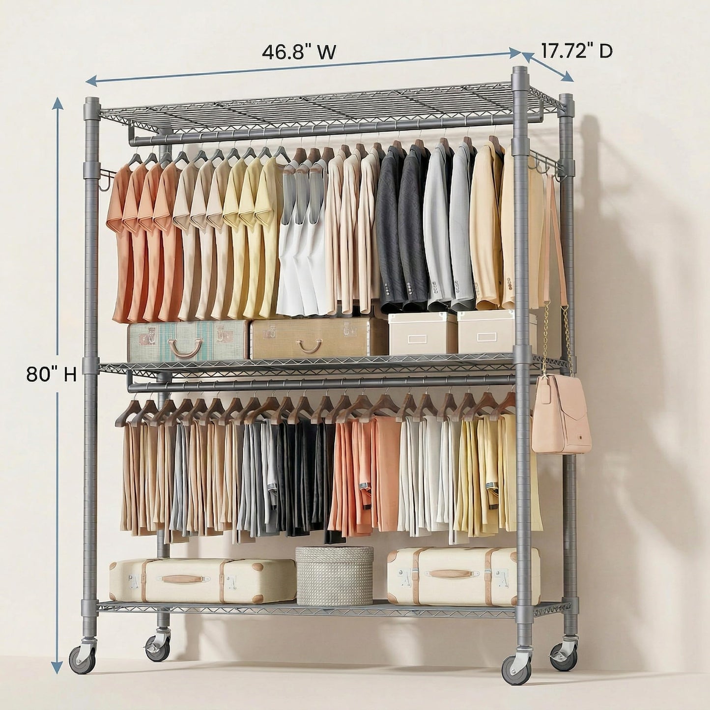 Homdox Rolling Clothes Rack Heavy Duty, 3-Tier Adjustable Wire Shelving Garment Organizer with Double Rods & Hooks, Portable Clothes Rack with Wheels, 17.72" D x 47.24" W x 80.71" H, Grey
