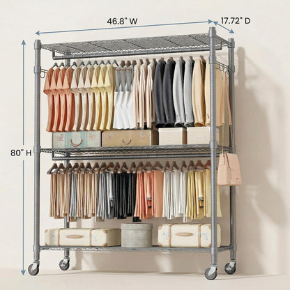 Homdox Rolling Clothes Rack Heavy Duty, 3-Tier Adjustable Wire Shelving Garment Organizer with Double Rods & Hooks, Portable Clothes Rack with Wheels, 17.72" D x 47.24" W x 80.71" H, Grey