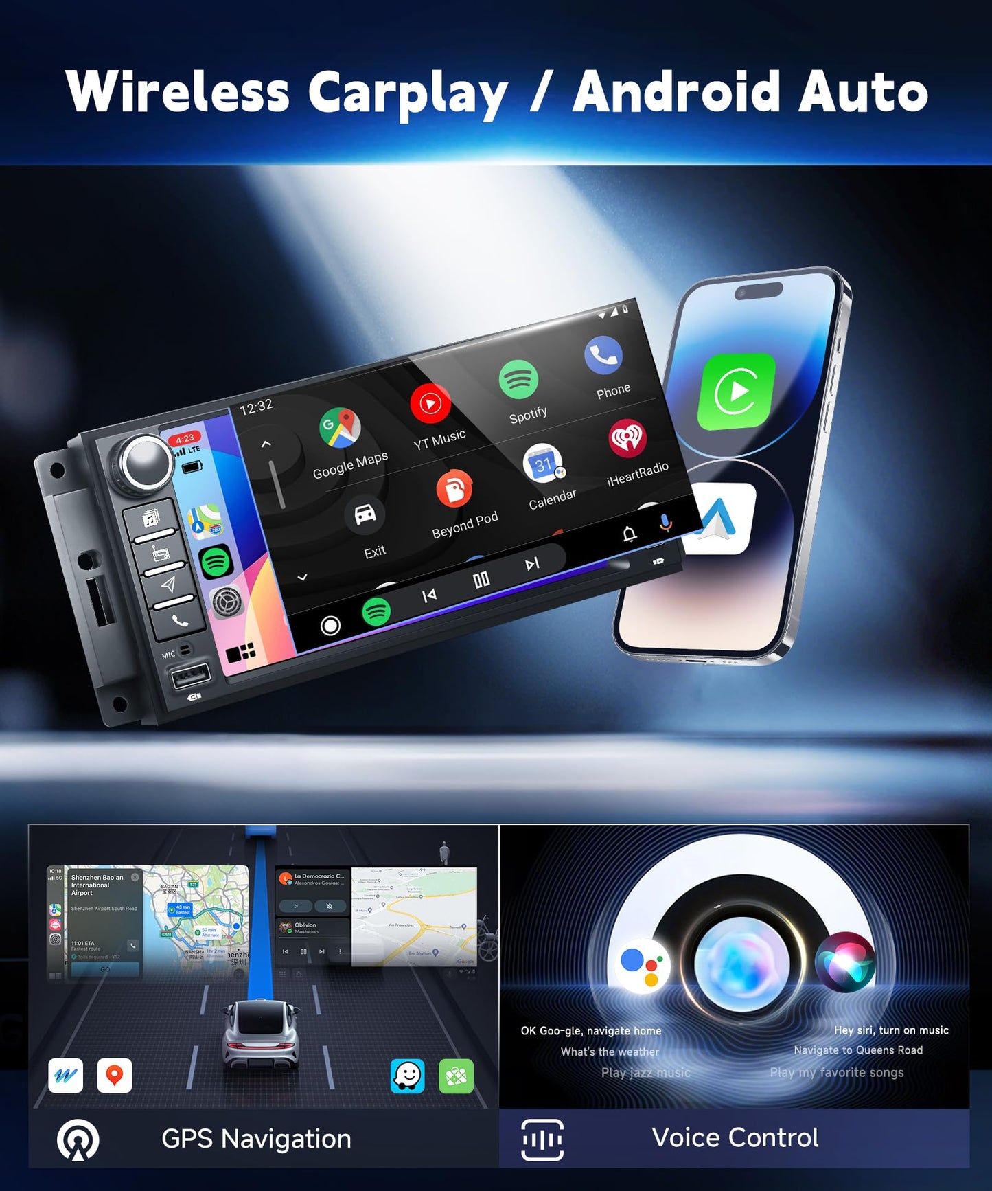 4+64G Car Stereo for Jeep Wrangler Compass Grand Cherokee Dodge Ram 1500 Chrysler Sebring 300C Wireless Carplay Android Auto,7" Touch Screen Radio, Android/GPS/WiFi/EQ DSP/UI/BT5.0/SWC/Backup Camera