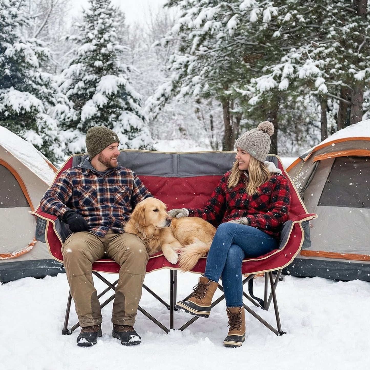 SUNNYFEEL Heated Double Camping Chairs Padded Loveseat Chair for 2 Person Heavy Duty Oversized Camping Couch 600lbs for Adults Portable Outdoor Lawn Chair with Cup Holder for Outdoor Patio RV Camping