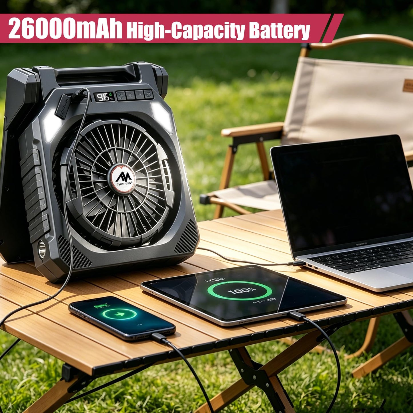 AYAMAYA 2 Pack Camping Fans, 26000mAh Solar Fan with LED Lantern with 180° Oscillation, 4 Speed, 40000mAh Rechargeable Fan for Camping